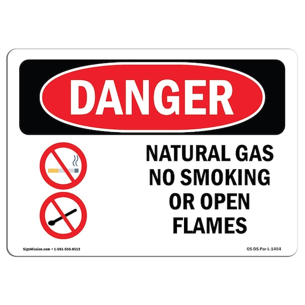 OSHA Sign, Natural Gas No Smoking Or Open Flames, 18in X 12in Rigid Plastic, 12" W, 18" L, Landscape